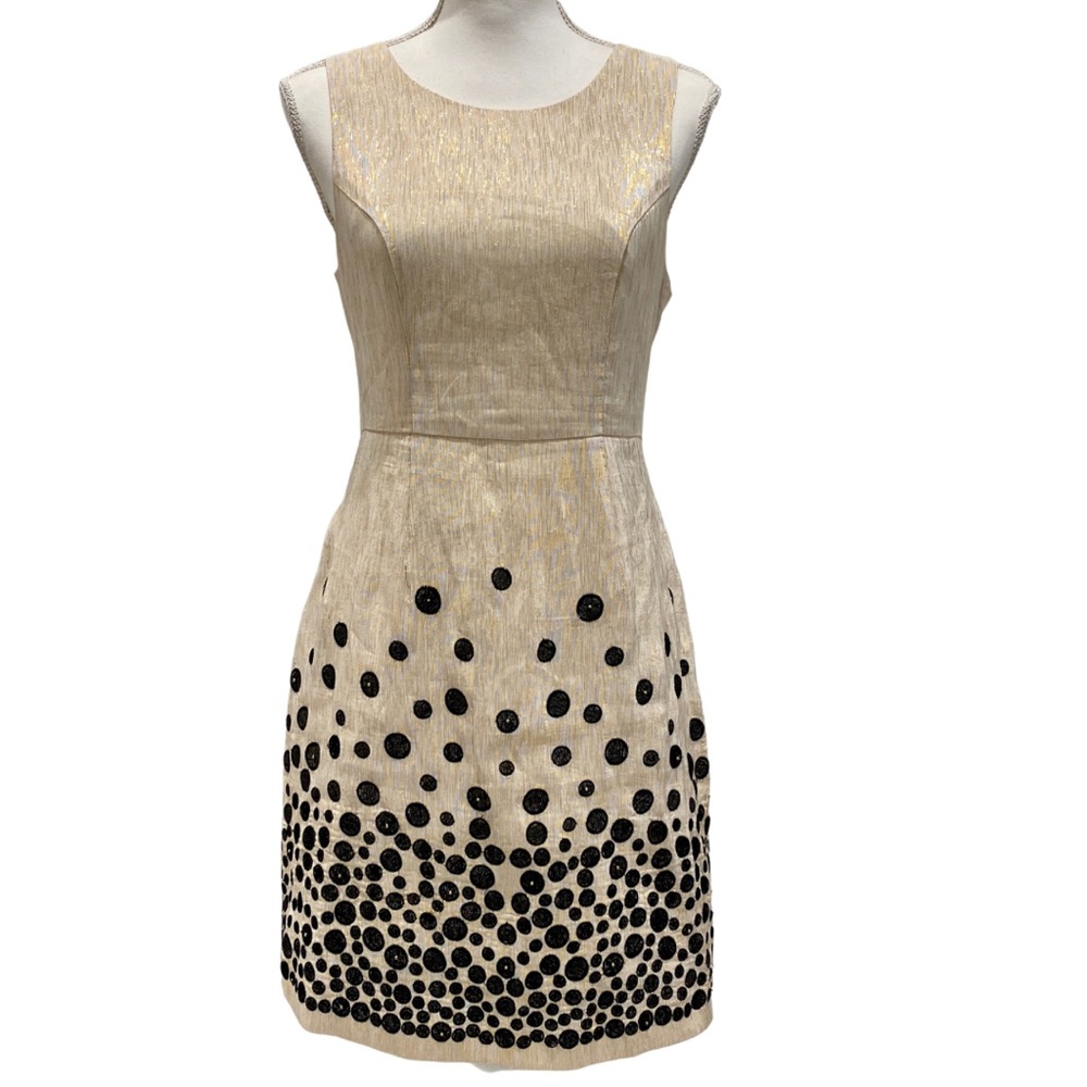 Ark & Co Gold Metallic Cocktail Dress with Black Stitched Polka Dot Design (M)
